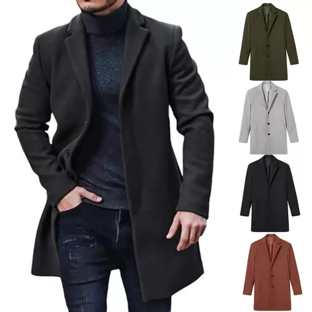 Mens Woolen Trench Coat Winter Lapel Long Jacket Overcoat Fomal Office Outwear