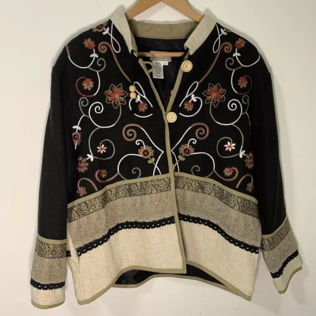 Coldwater Creek Black and Kahki Jacket w/ Floral Embroidery Lined Size Large