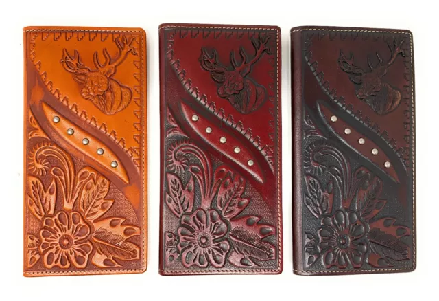 Western Tooled Genuine Leather Deer Men's Long Bifold Wallet in 3 colors