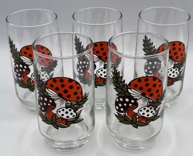 Set of 5 MCM Vintage Sears Roebuck MERRY MUSHROOM 5 1/4'' 12oz Glasses Tumblers