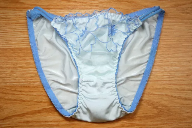 Vintage Japanese Nylon Shiny Slippery Pretty Cute Light Blue String Panty Small