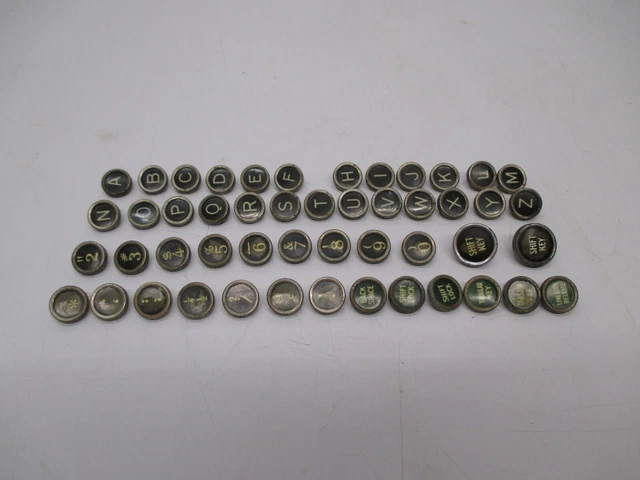 Set 49 Vtg Salvaged Woodstock Typewriter Keys Black Glass Face Letters Numbers