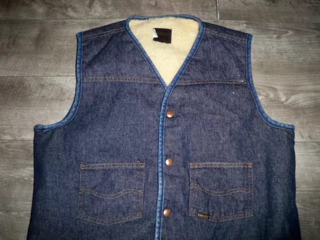 Vtg Roebuck Sears Large Tall Sherpa Lined Denim Jean Vest Rancher Hipster Mens 2