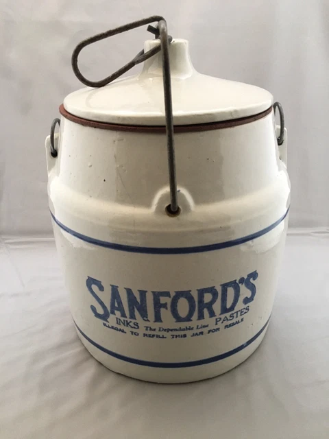 SANFORD'S INKS PASTES Antique 1 Gallon Refill Jar Crock Clasp Wood Handle