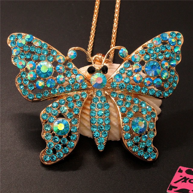 New Blue AB Crystal Gorgeous Butterfly Pendant Betsey Johnson Chain Necklace