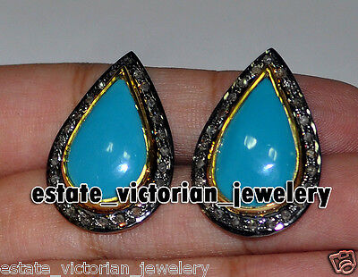 Vintage 21.52Ctw Rose Cut Diamond Turquoise Studded Silver Studs Earring Jewelry