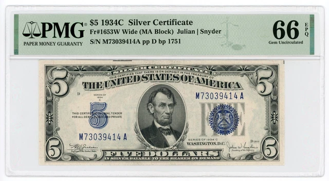 1934-C Fr.1653w (Wide) $5 United States Silver Certificate Note - PMG Gem 66 EPQ