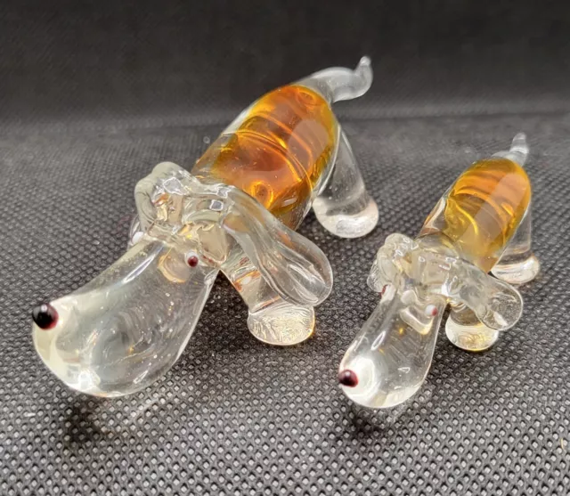 Vintage Art Blown Glass Sniffing Bloodhound Dog Figurines Clear With Amber Cute!