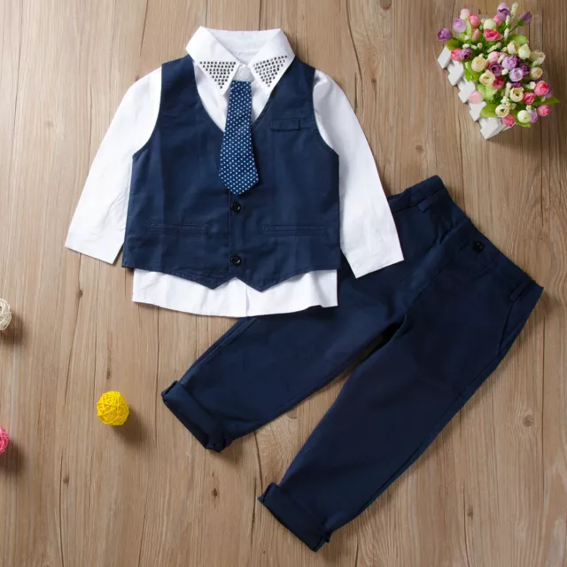 4PCS Baby Toddler Boy Wedding Formal Tuxedo Suit Outfits Set Coat+Pant+Ties Gift
