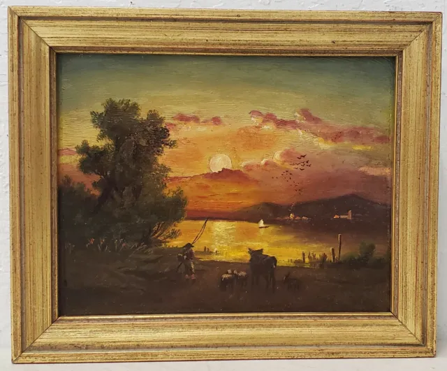 19Th Century Luminous Sunset Over Mountain Lake Oil Painting
