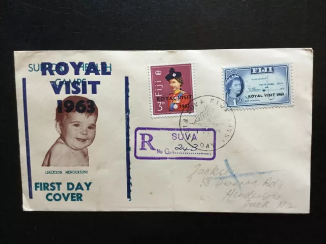 FIJI 1963 Royal Visit disegno pittorico registrato FDC (P75#4)