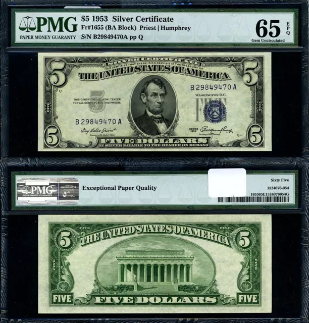 FR. 1655 $5 1953 Silver Certificate B-A Block Gem PMG CU65 EPQ