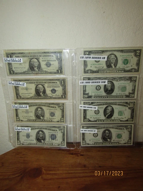 8- U.S. Silver Certificates 1934, 1935 & 1957 W/ 1950 Series $ 1, 2, 5, 10, 20