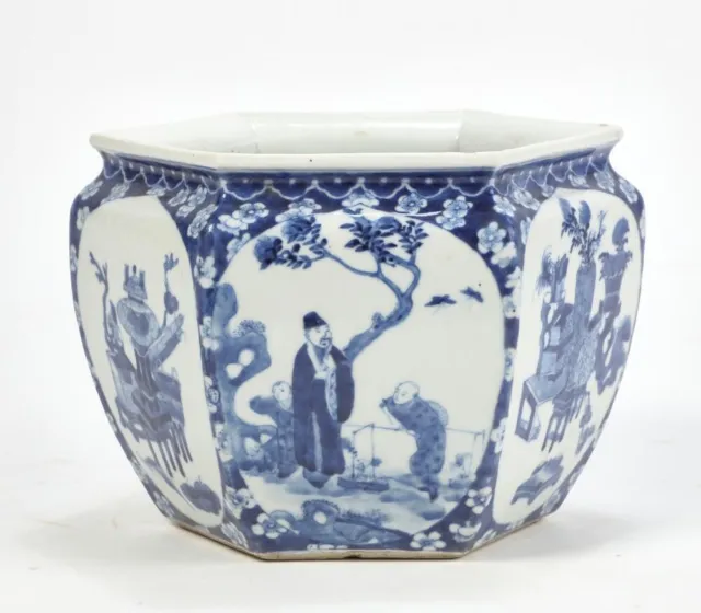 A Chinese blue and white hexagonal figural jardiniere, late Qing , 19th century