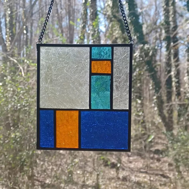 Real Stained Glass OCEAN SUNSET Suncatcher,  Blue/Aqua/Orange, Ready to Hang,