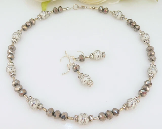 2er Schmuckset Halskette Collier Ohrringe Perlen Glas weiß silber  Strass 156e