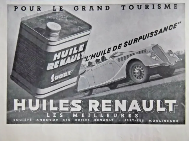 Publicité Presse 1935 Huiles Renault Sport Pour Le Grand Tourisme - Advertising
