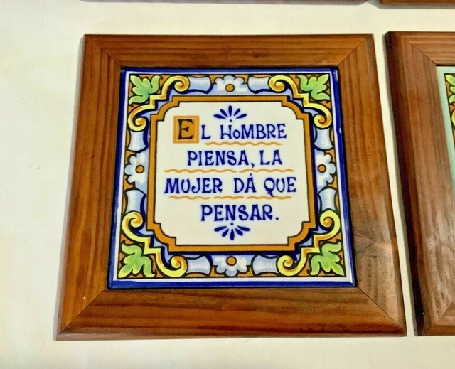 Set 4 VTG Spain Ceramic Talavera Hand-Painted SPANISH QUOTES 6"x 6" Decor Tiles 4
