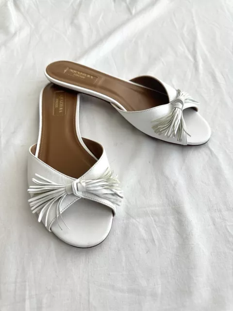 Aquazzura Wild Thing Flat Slide Sandals White Fringed Size 38 women’s Sandals