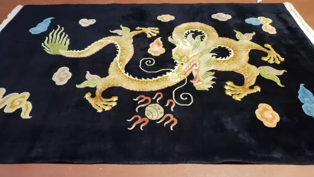 Antique Chinese Art Deco Rug 6x9 Dragon Black Chinese Carpet Hand Knotted Wool