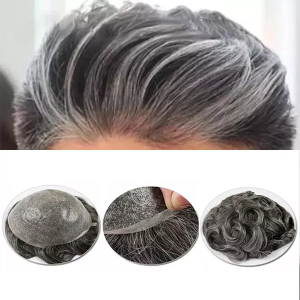 Peluca de repuesto para hombre Tupee cabello humano bucle en V piel delgada gris para hombre