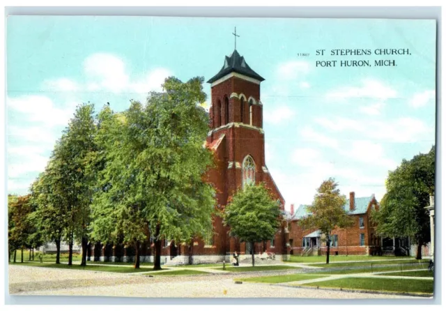 c1910's St. Stephens Church Building Cross Tower Port Huron Michigan MI Postcard