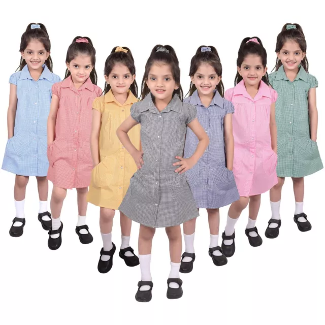 Kids Girls School Uniform 2 Pack Pleated Gingham Checked Summer Dress