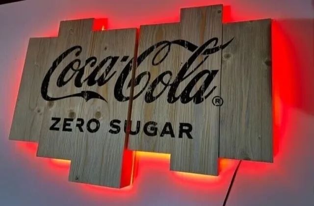 Coca Cola, Zero Sugar, Light Up Red Led, 3D Wooden Wall Sign, Brand New Boxed