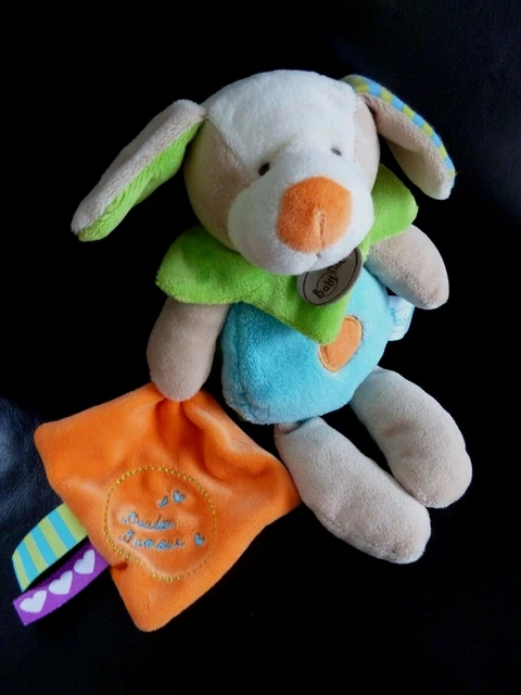 G6. DOUDOU D'AMOUR PELUCHE BABY NAT CHIEN BLEU VERT MOUCHOIR ORANGE 25cm - TTBE