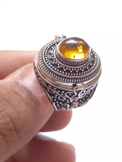 Handmade 925 Silver Oval Amber Poison Ring Hidden Compartment Size 5-16 US