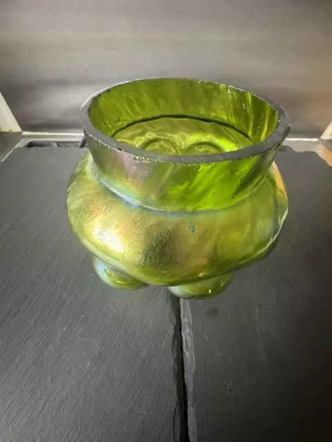 Wilhelm Kralik Sohen Bohemian Glass Green Iridescent Rose Bowl