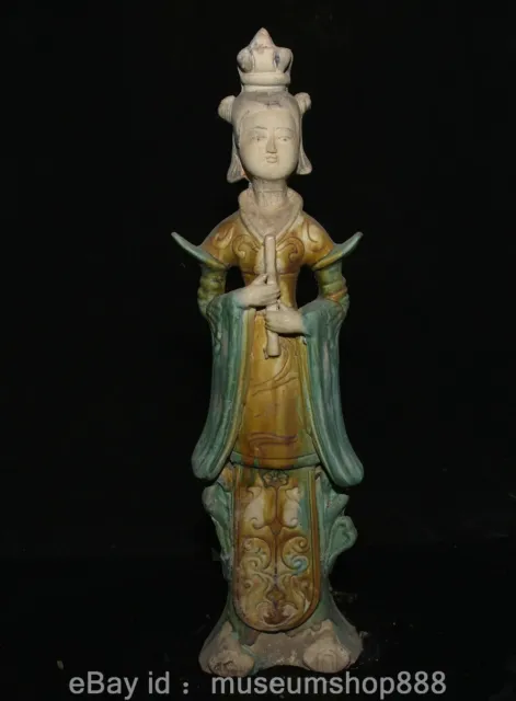 17.2" Old Chinese Tang sancai Pottery Palace Beautiful Woman Belle Flute Statue