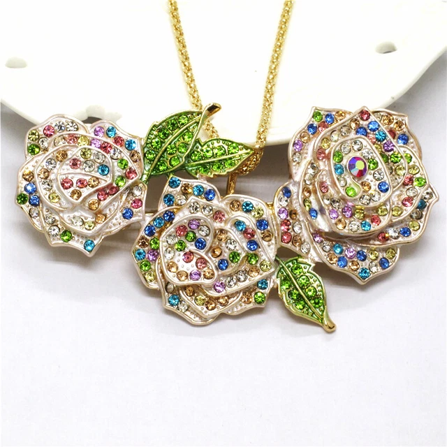 Fashion Color Bling Three Roses Flower Crystal Pendant Sweater Women Necklace