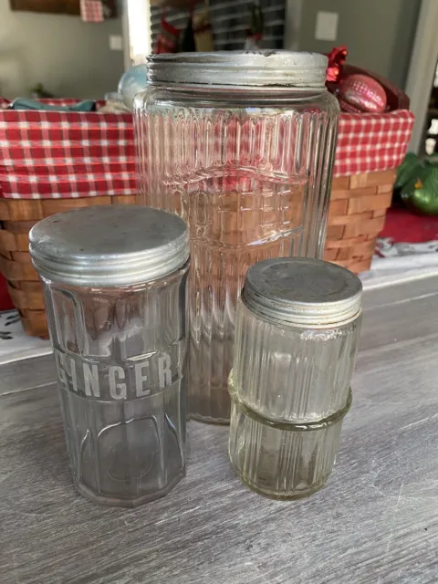 Hoosier Cabinet Coffee Canister  Jars Ginger Ribbed Set of 3 with Lids