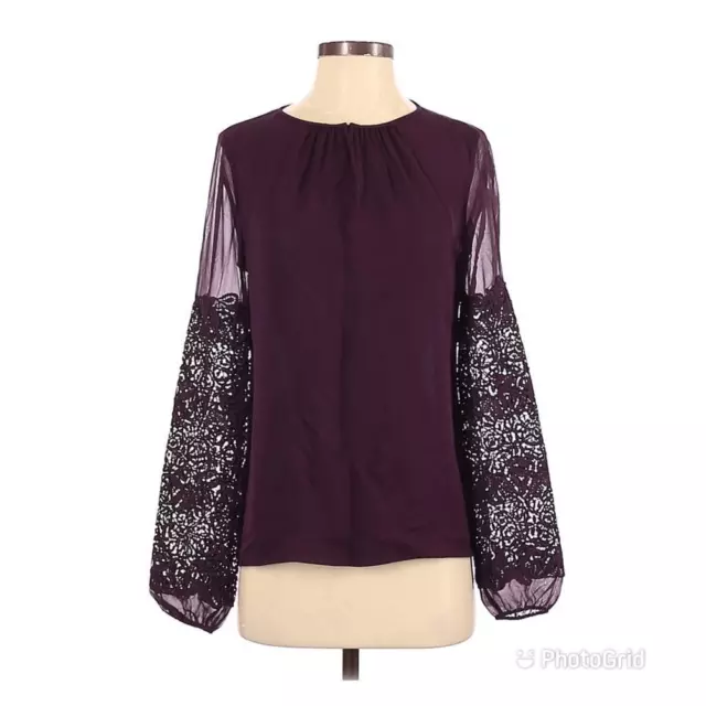 ELIE TAHARI 100% Silk Purple Long Sleeve Blouse Top Sheer Lace Eggplant XS New