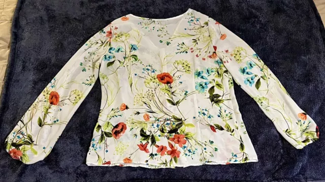 WORTHINGTON Button Up Blouse Multi Color Floral Elastic Sleeves Sz M(452.E)