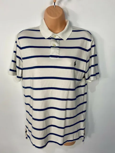 Mens Ralph Lauren Small White/Navy Stripe Summer Jersey Button Polo T-Shirt Top
