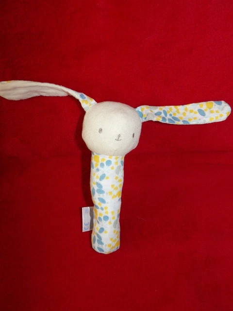 Doudou Peluche Baton Klorane Lapin Ecru Blanc Fleur Jaune et Bleu NEUF