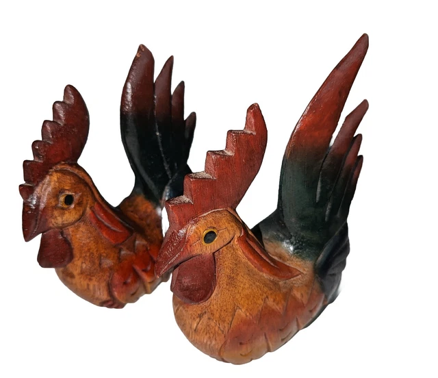 Wooden Rooster Chicken Figurine Folk Art Hand-Carved Painted 6"  Vintage