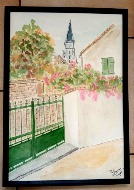 Aquarelle Ile De Re Clocher D'  Ars  Tableau Peinture Paris Jumeaux Jean Pierre