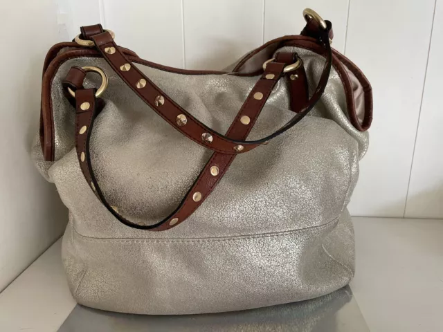 J. Crew Metallic Silver Crinkled Leather Beacon Hobo / Tote Bag Purse