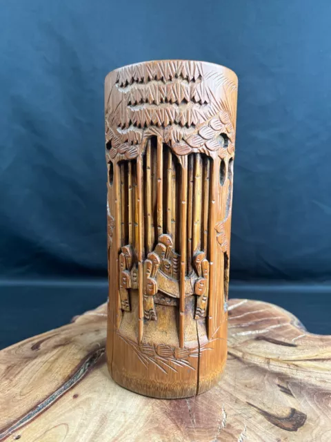 Antique Chinese Hand Carved Bamboo Brush Pot Vase