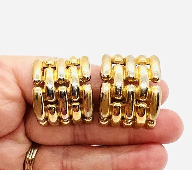 GIVENCHY Gold Tone Basket Weave Half Hoop Earrings Signed Vintage Jewelry