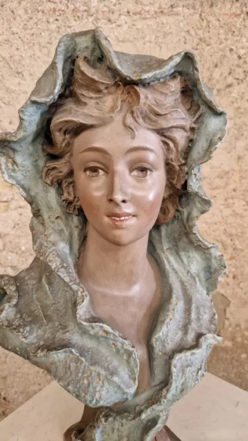 French Art Nouveau Bust Patina Plaster Female Art Sculpture