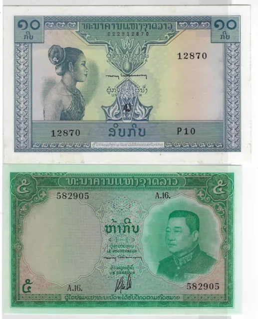 Laos 5 &10 Kip 1957,62,P 9,10 aUNC     est $20.LA5a