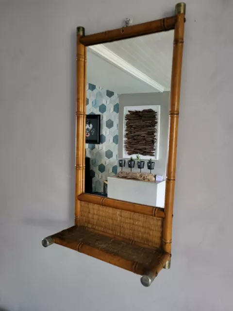 Miroir Vintage En Bambou Avec Étagère