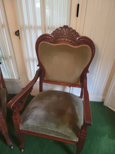 Pair of Victorian Walnut Eastlake Carved Upholstered Arm Side Chairs 3