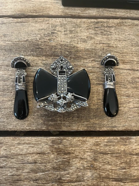Vintage sterling silver marcasite onyx Art Deco style pin or pendant Earrings