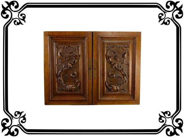 Vintage Pair of Antique Carved Wooden Furniture Doors Dolphin Decorations