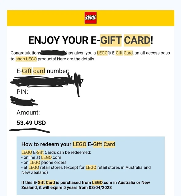LEGO E GIFT CARD 53.49 Value 51.00 PicClick